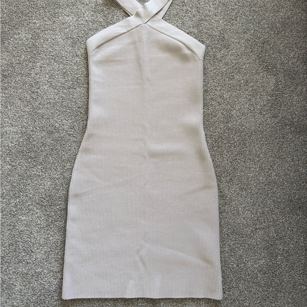 Babaton Cream Cross-Back Ribbed Halter Mini Dress